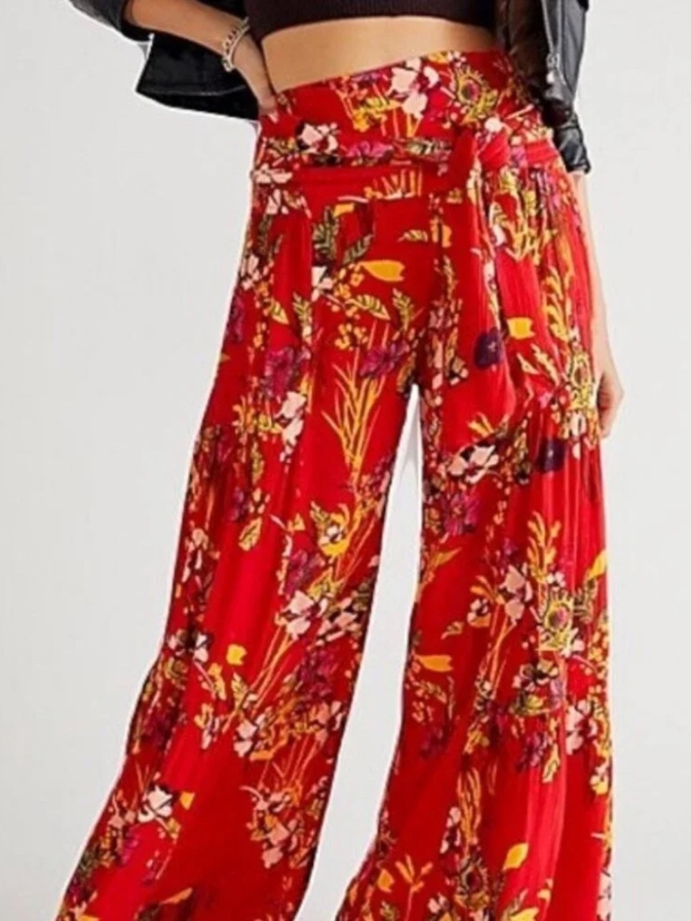 Free People FP One Aloha Printed Wide-Leg Red Floral Women Pants - Size XS